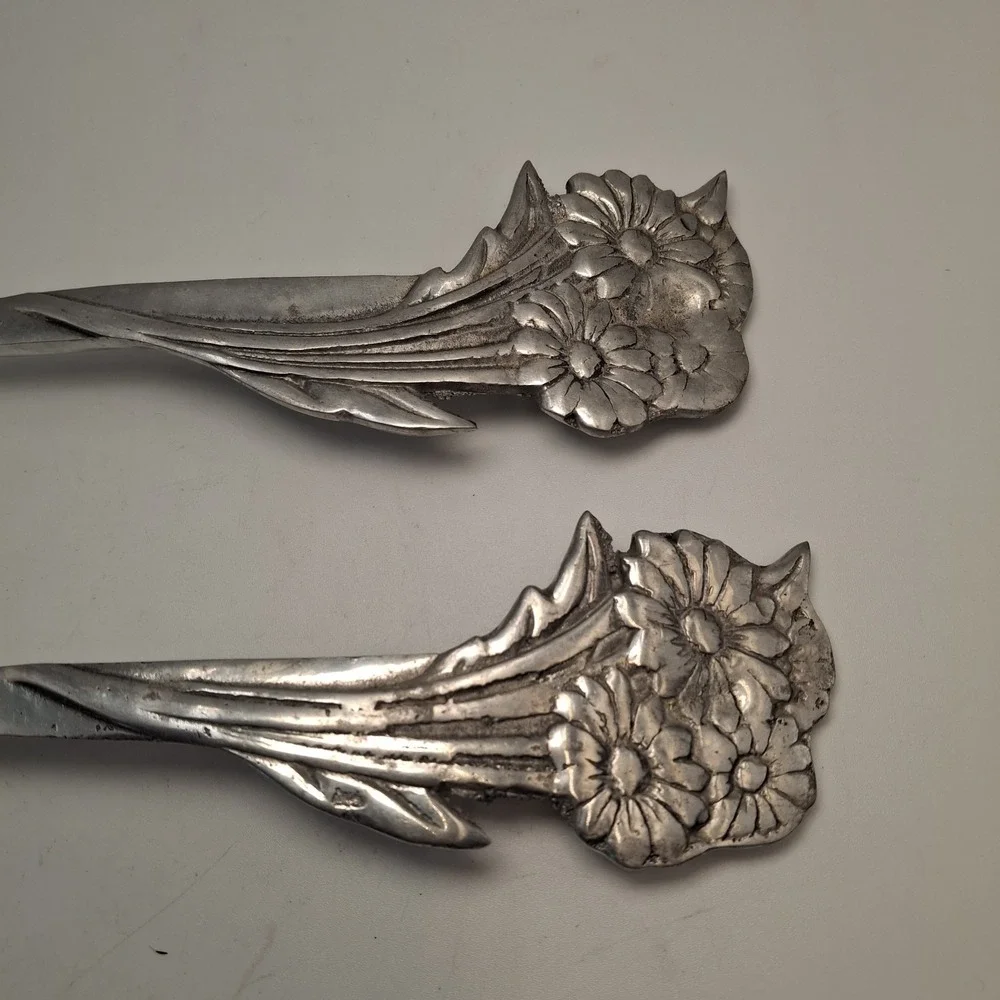 Vintage Mexican Pewter Salad Servers Set Daisy Floral Cast Aluminum Hecho Mexico
